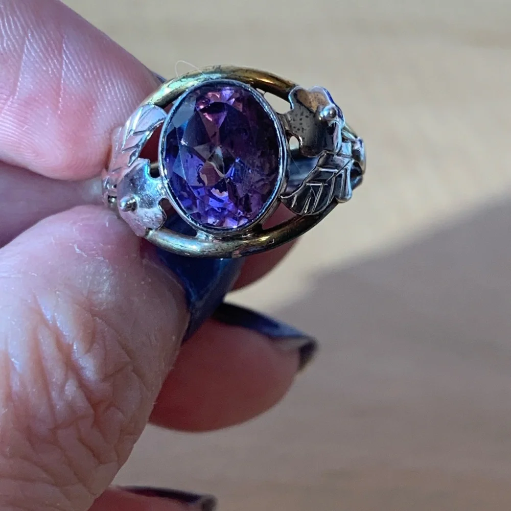 VINTAGE AMETHYST RING 925 STERLING SILVER TRI COLOR